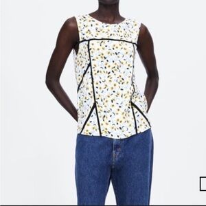 Zara White Black Lace Inset Blue and Yellow Floral Tank Top Blouse XS
